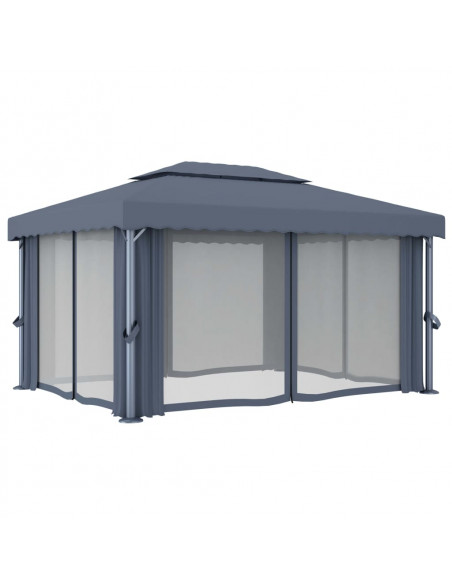 Gazebo con Tende e Stringa di Luci LED 4x3 m Antracite