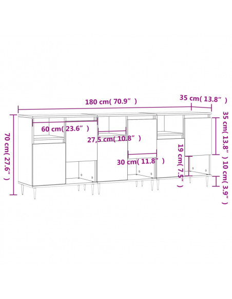 Credenze 3 pz Grigio Sonoma in Legno Multistrato