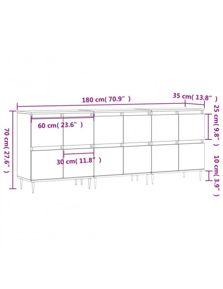 Credenze 3 pz Rovere Fumo in Legno Multistrato