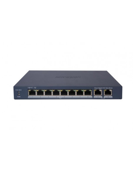 HIKVISION SWITCH L2, SMART MANAGED, 8 GIGABIT RJ45 POE PORTS, 2 GIGABIT RJ45 PORT, 802.3AF/AT, POE P