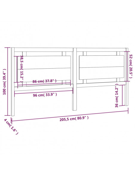 Testiera per Letto Nera 205,5x4x100cm in Legno Massello di Pino