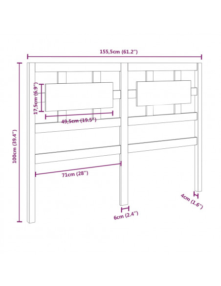Testiera per Letto 155,5x4x100 cm in Legno Massello di Pino