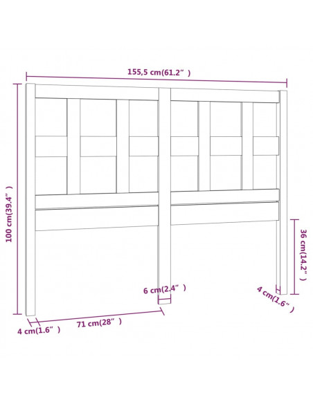 Testiera per Letto Miele 155,5x4x100 cm Legno Massello di Pino