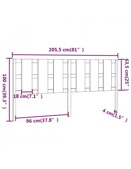 Testiera per Letto 205,5x4x100 cm in Legno Massello di Pino