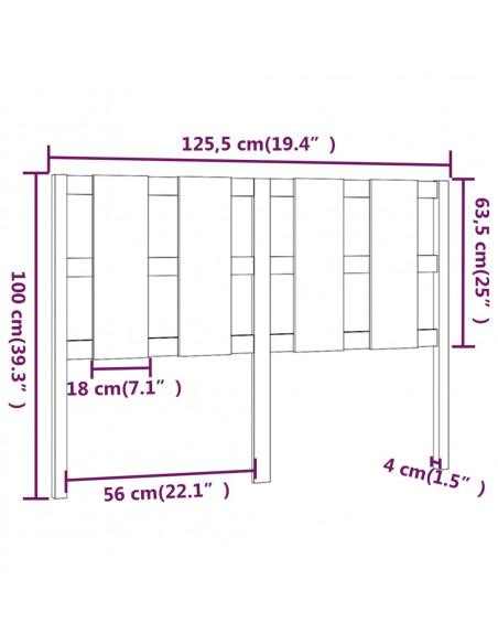 Testiera per Letto Nera 125,5x4x100cm in Legno Massello di Pino