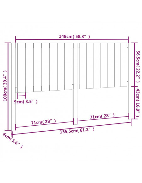 Testiera per Letto Grigia 155,5x4x100 cm Legno Massello di Pino