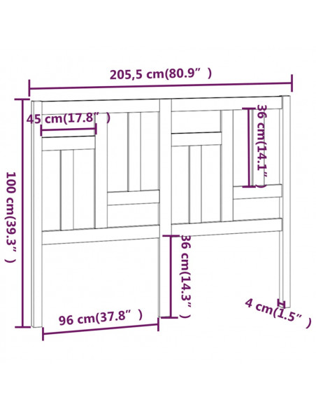 Testiera per Letto Nera 205,5x4x100cm in Legno Massello di Pino