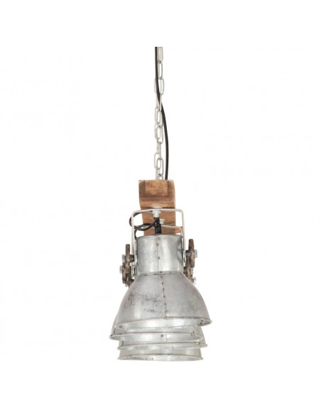 Lampada a Sospensione Industriale Argento E27 Legno di Mango