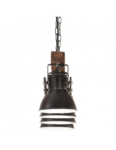 Lampada a Sospensione Industriale Nera E27 Legno di Mango