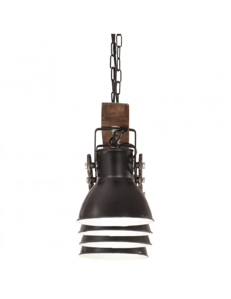 Lampada a Sospensione Industriale Nera E27 Legno di Mango
