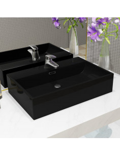 Lavandino con Foro Rubinetto in Ceramica Nero 76x42,5x14,5 cm