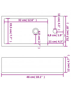 Lavandino con Foro Rubinetto Rettangolare Ceramica 46x25,5x12cm