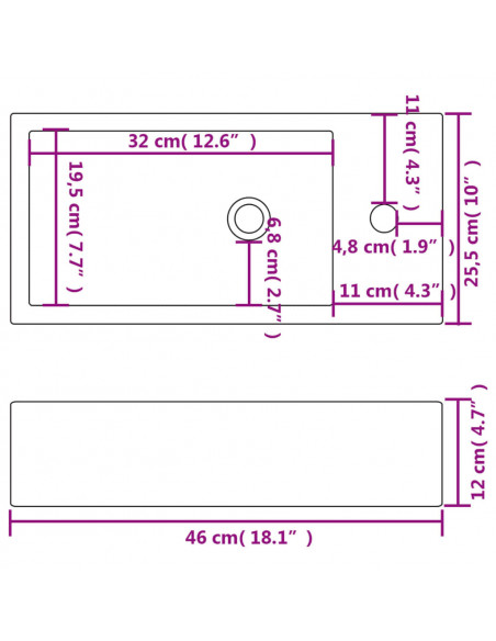 Lavandino con Foro Rubinetto Rettangolare Ceramica 46x25,5x12cm