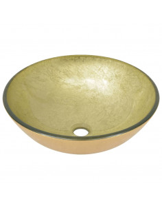 Lavandino con Rubinetto e Piletta a Pressione Vetro Temperato Oro