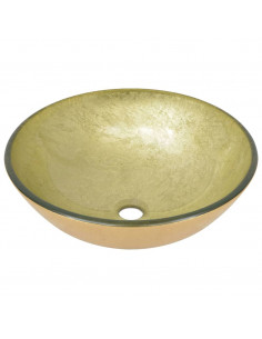 Lavandino Rubinetto e Piletta a Pressione Vetro Temperato Oro