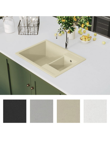Lavello da Cucina Doppio con Foro Troppopieno Beige in Granito