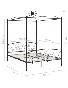 Letto a Baldacchino Nero in Metallo 180x200 cm