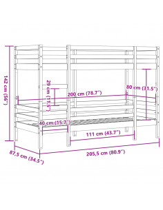 Letto a Castello 80x200 cm in Legno Massello di Pino