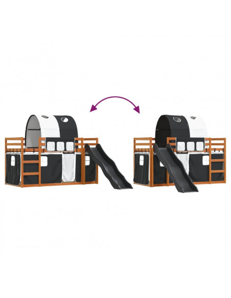 Letto a Castello con Scivolo e Tende Bianco e Nero 80x200 cm