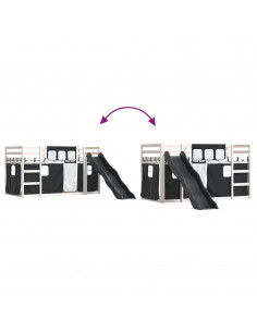 Letto a Castello con Scivolo e Tende Bianco e Nero 80x200 cm