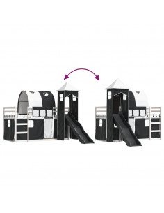 Letto a Castello con Scivolo e Tende Bianco e Nero 80x200 cm