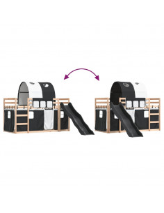 Letto a Castello con Scivolo e Tende Bianco e Nero 80x200 cm