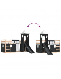 Letto a Castello con Scivolo e Tende Bianco e Nero 80x200 cm