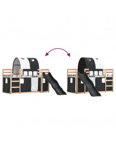 Letto a Castello con Scivolo e Tende Bianco e Nero 90x200 cm