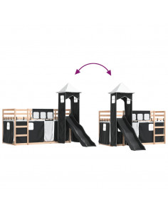 Letto a Castello con Scivolo e Tende Bianco e Nero 90x200 cm