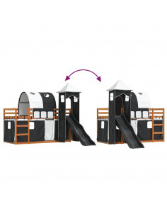 Letto a Castello con Scivolo e Tende Bianco e Nero 90x200 cm