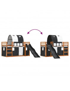 Letto a Castello con Scivolo e Tende Bianco e Nero 90x200 cm