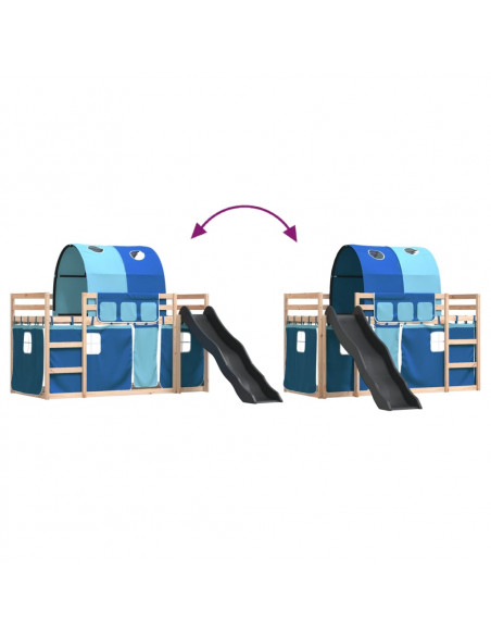 Letto a Castello con Scivolo e Tende Blu 90x200 cm