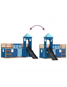 Letto a Castello con Scivolo e Tende Blu 90x200 cm