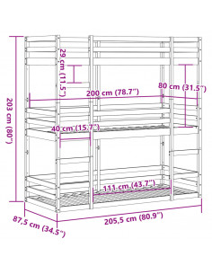 Letto a Castello Triplo 80x200 cm in Legno Massello di Pino