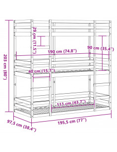 Letto a Castello Triplo 90x190 cm in Legno Massello di Pino