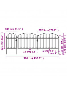 Cancello per recinzione da giardino ASSEN con parte superiore ad arco in acciaio 1,25x5 m Nero