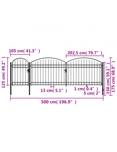 Cancello per recinzione da giardino ASSEN con parte superiore ad arco in acciaio 1,25x5 m Nero
