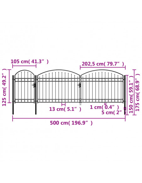 Cancello per recinzione da giardino ASSEN con parte superiore ad arco in acciaio 1,25x5 m Nero
