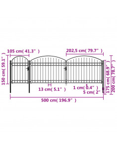 Cancello per recinzione da giardino ASSEN con parte superiore ad arco in acciaio 1,5x5 m Nero