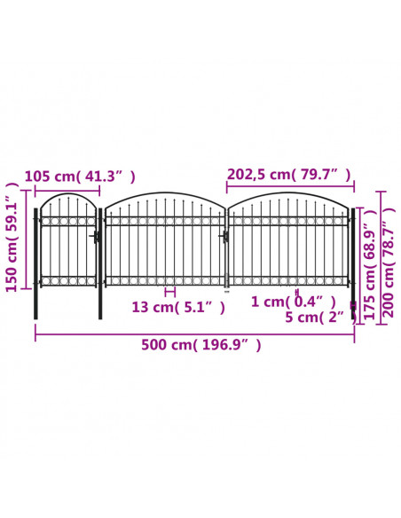 Cancello per recinzione da giardino ASSEN con parte superiore ad arco in acciaio 1,5x5 m Nero