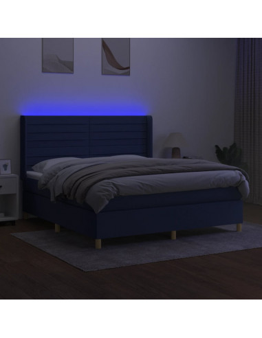 Letto a Molle con Materasso e LED Blu 160x200 cm in Tessuto