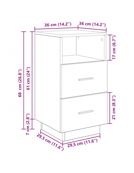 Comodino con 2 Cassetti Rovere Artigianale 36x36x68 cm