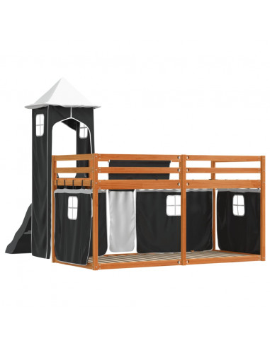 Letto a Castello con Scivolo e Tende Bianco e Nero 90x200 cm