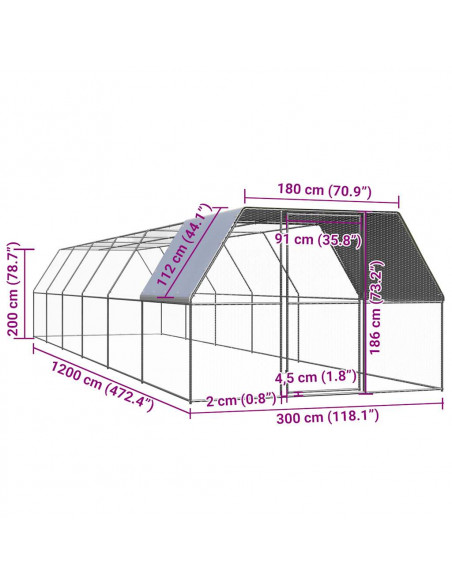 Gabbia per Polli 3x12x2 m in Acciaio Zincato