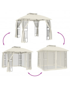 Gazebo con Tetto Doppio e Pareti Rete Crema 2,94x2,94 m Acciaio