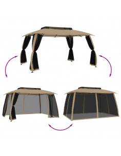 Gazebo con Tetto Doppio/Pareti Rete Tortora 3,93x2,93 m Acciaio