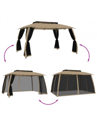 Gazebo con Tetto Doppio/Pareti Rete Tortora 3,93x2,93 m Acciaio