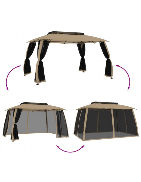 Gazebo con Tetto Doppio/Pareti Rete Tortora 3,93x2,93 m Acciaio