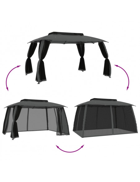 Gazebo Tetto Doppio e Pareti Rete Antracite 3,93x2,93 m Acciaio