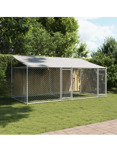 Gabbia Cani con Tetto e Porte Grigia 4x2x2 m in Acciaio Zincato